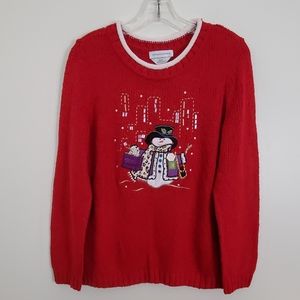 Christopher & Banks Christmas Snowman Hand Embroidered Red Sweater S
